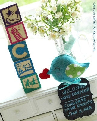 Baby Greetings Bird - keepsake to record baby birth,  growth, pregnancy - reusable message board for personalized message (FREE BABY CARD)