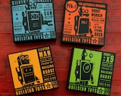 Retro Robot Art - Quelstar Tin Toy Series 4 in x 4 in Art Box Set of Four - Robot Prints - Fathers Day Gifts for Dad - Gift for Husband