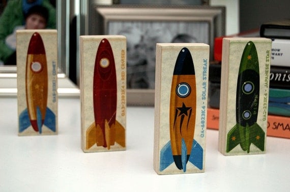 Retro Rocket Art Series Shelf Decor - set of four Mini Art Blocks - Sci Fi Art Print on Wood - Fathers Day Gift for Dad