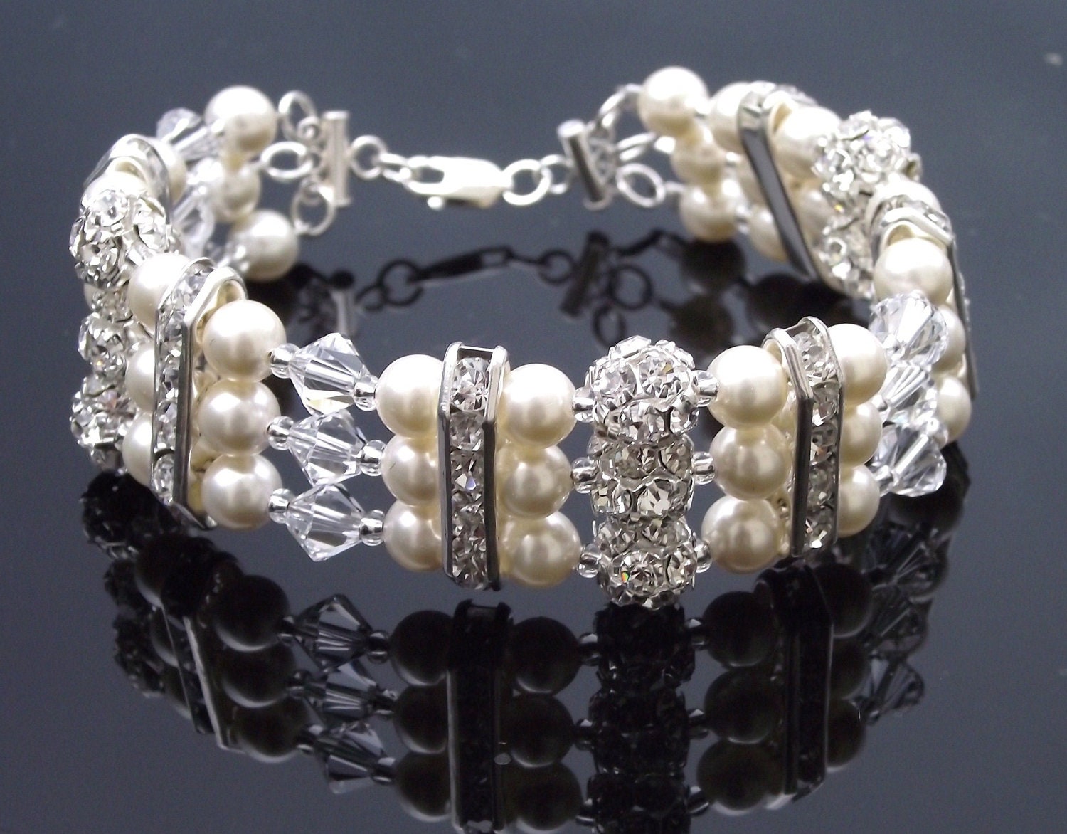 Bridal Swarovski Pearl Bracelet, Three Row Wedding Pearl Bracelet, IVY
