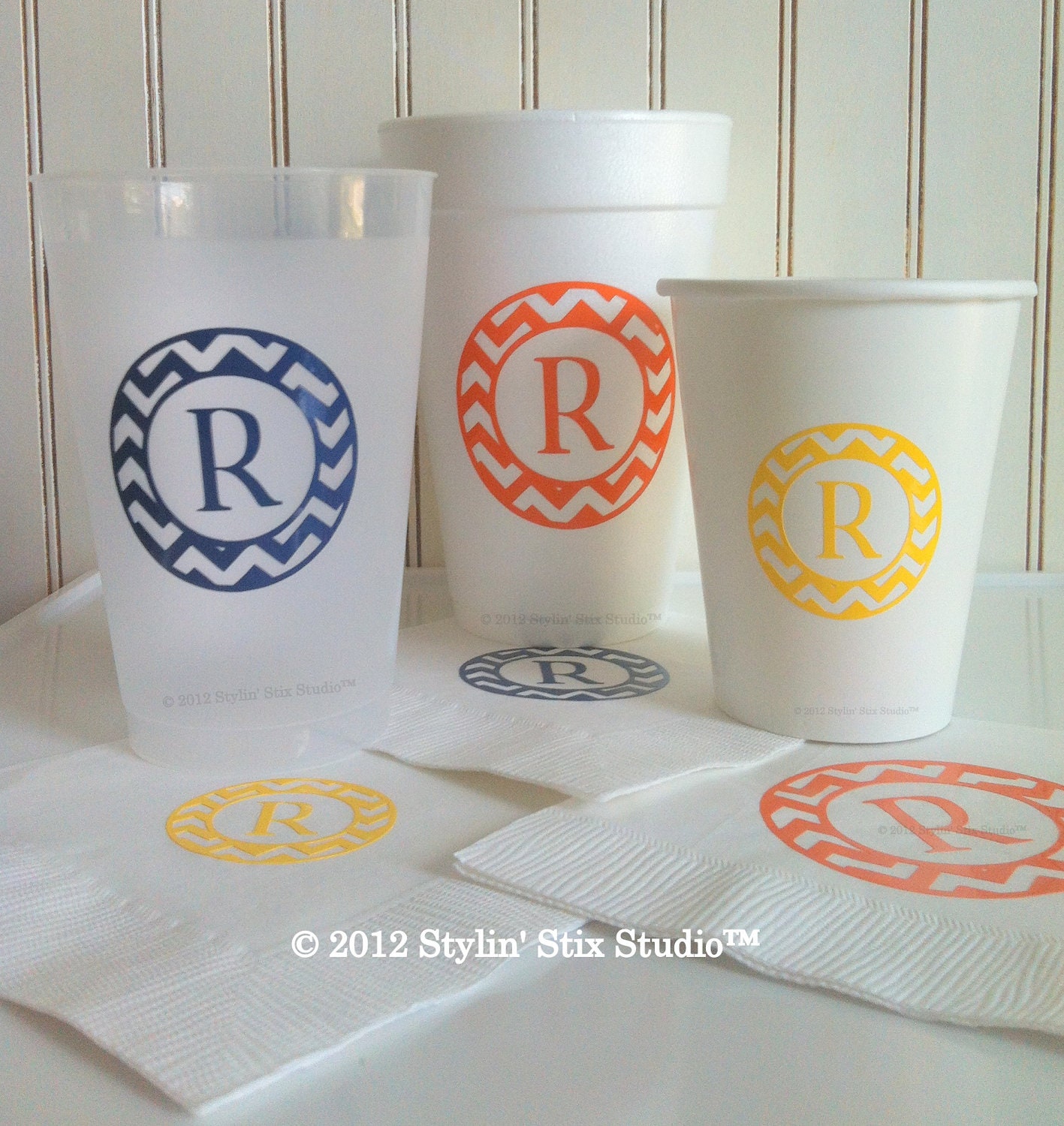 Party Custom Chevron Monogram Printed Cups & Matching Napkins Party Set