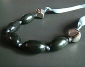 CLEARANCE . grayscale . black and silver knotted wood bead necklace