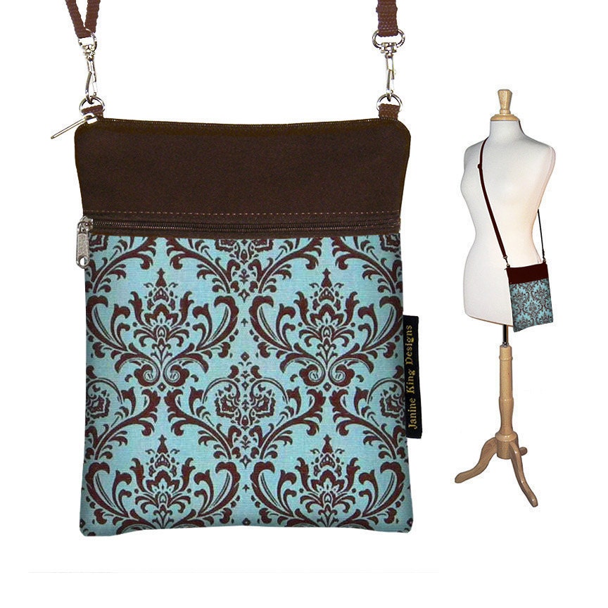 Sling Bag Shoulder Purse Cross Body Bag Small Travel Purse Zipper Fits Kindle 2 - Madison Damask Blue Brown