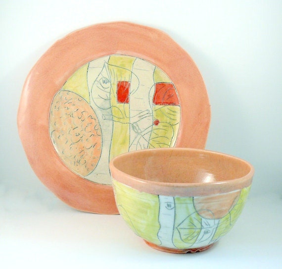 Perfect for Mom Artistic Ceramic Plate and bowl Set / Soup and Salad Dishes / Any Color / Artful Home Decor Vessels