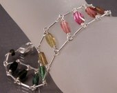 Tourmaline ladder sterling silver bracelet - delicate, rainbow, wirewrapped