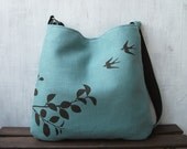 Hemp Tote Bag /  Messenger Bag with Flying Swallows  - Turquoise Blue - Uzura