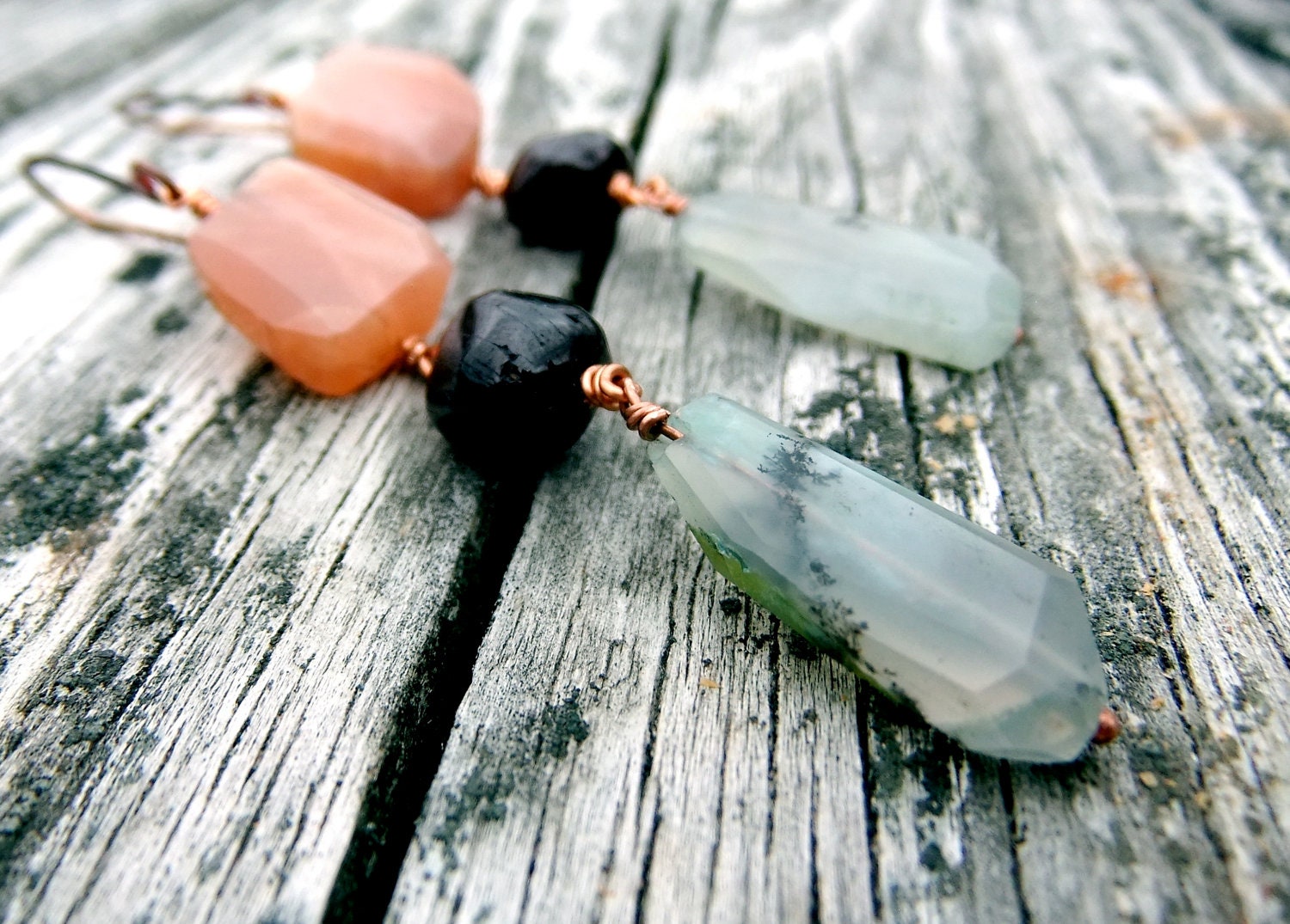 Luminous Peach Moonstone, Deep Purple Garnet,Green Chrysoprase and Copper LUXE earrings