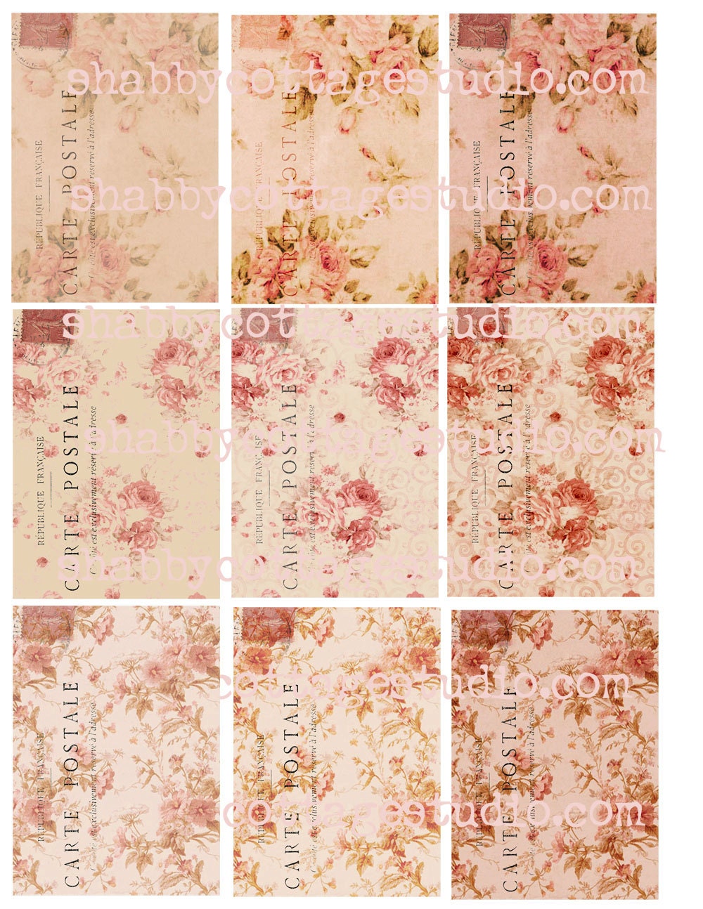 DIGITAL ATC BACKGROUNDS Shabby Floral French Postcards