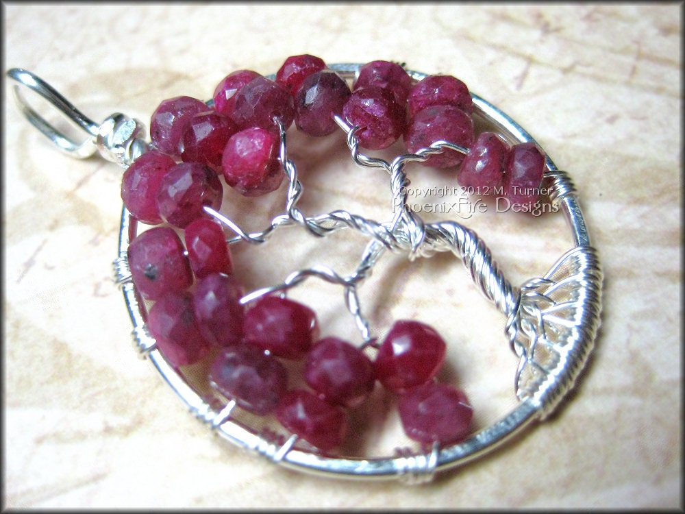 July Tree - Tree of Life Pendant Genuine Precious Ruby Gemstone Wire Wrapped Sterling Silver Red Gem Birthstone Birthday