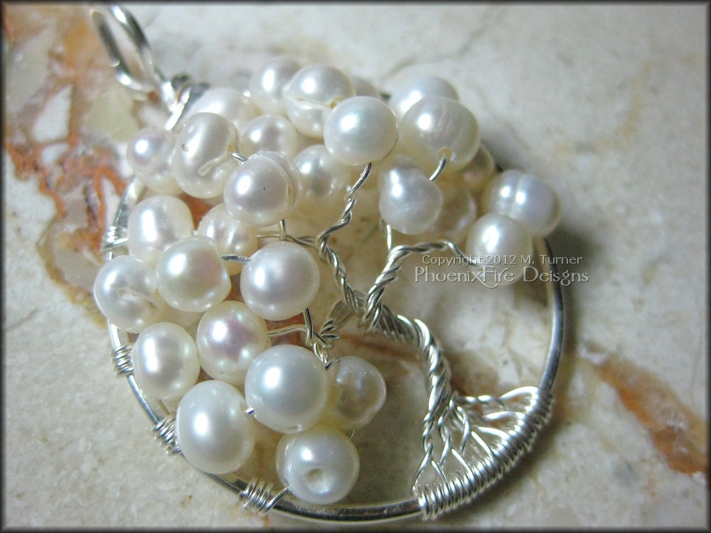 June Tree - Freshwater Pearls In Sterling Silver Tree of Life Pendant (June Birthstone) Wire Wrapped Bridal