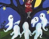 Halloween ghost art red witch spooky tree full moon original painting 9 x 12 gothic