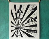 UPSTREAM - woodcut print