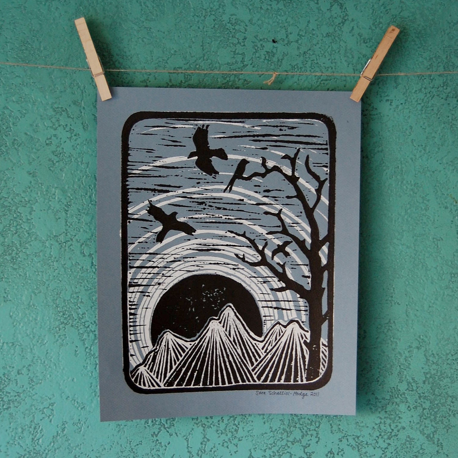 sunrise, sunset - 2-color linocut print on light blue