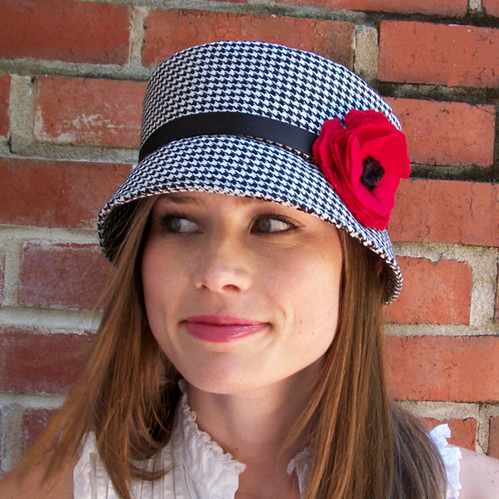 Cloche Hat - Womens Hat - Black and White Wool houndstooth with flower  MADE TO ORDER