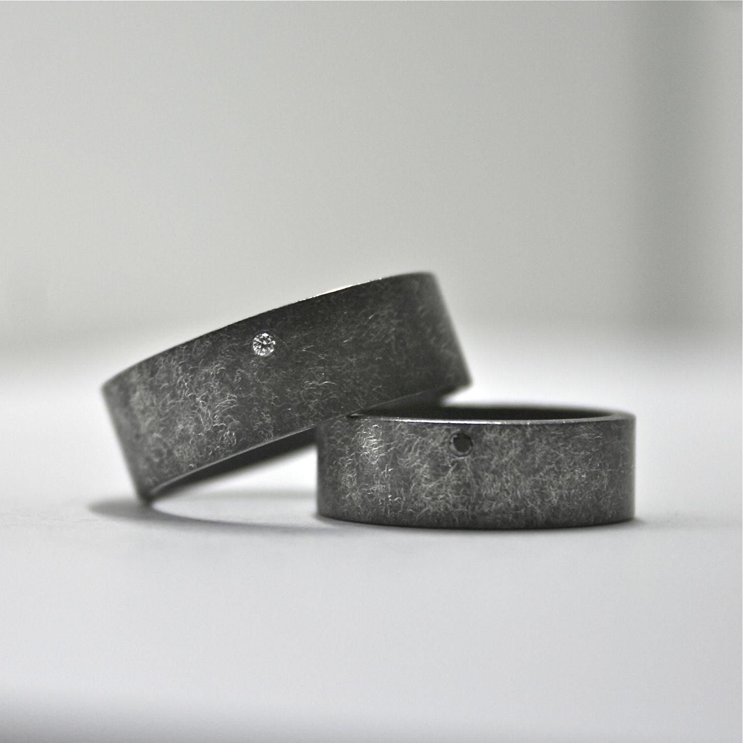 Black and White Diamond Wedding Ring Set - Oxidized Finish - Wide Band Rings - Sterling Silver - Matching Wedding Bands