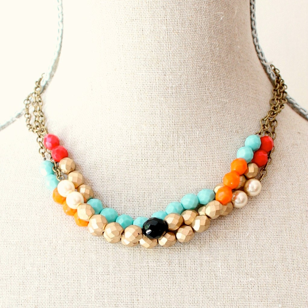 Triple Strand Colorblock Beaded Necklace