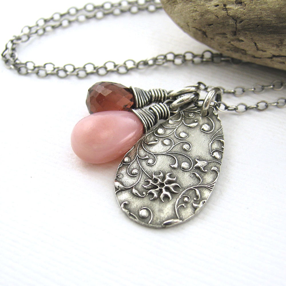 Birthstone Jewelry Garnet Pink Opal Gemstone Charm Necklace Sterling Silver January October Birthday Handmade Jewelry - Duets No. 89