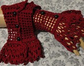 Burgundy Red Scarlet  Fine Crochet Gothic Vampire Steampunk Victorian Noir Wedding Mourning Cotton Wrist Cuffs