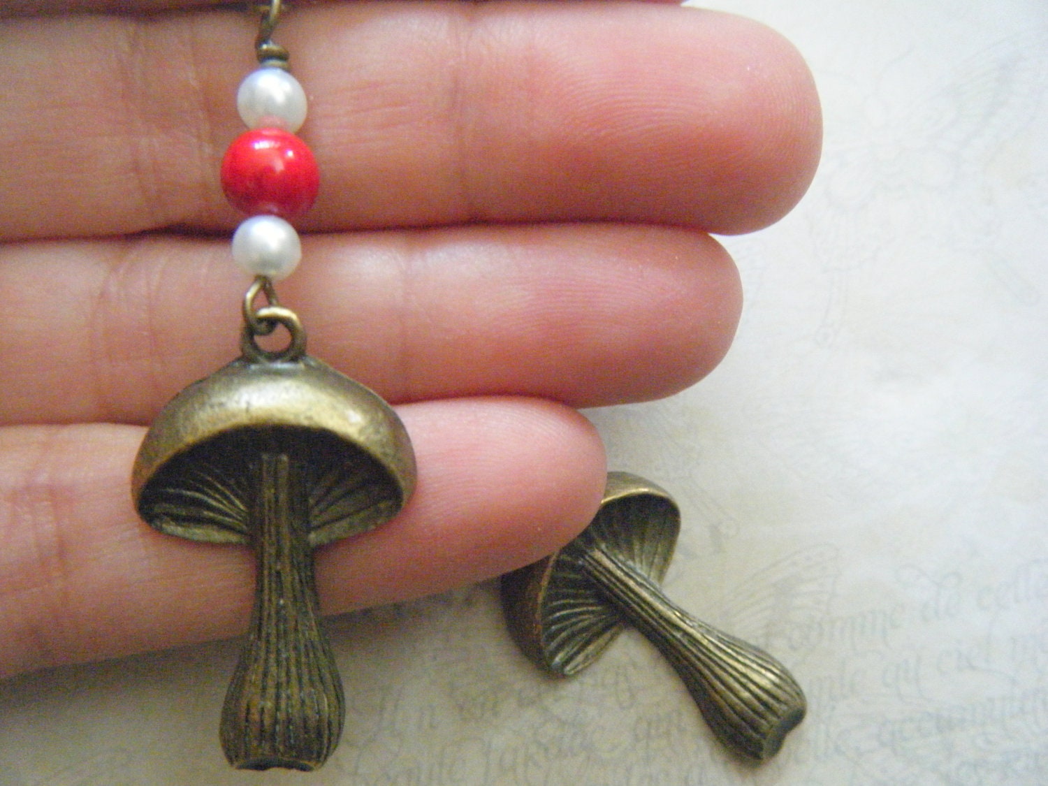 SUMMER SALE Beaded Brass Mushroom Earrings, Toadstool, Boho, Amanita, Red, Whimsical