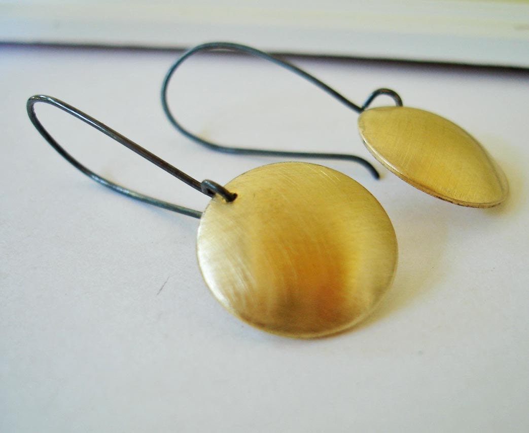 I need it Gold Brass Disc Drop Earrings FREE SHIPPING with Recycled Silver Oxidixed Earwires simple everyday accessory