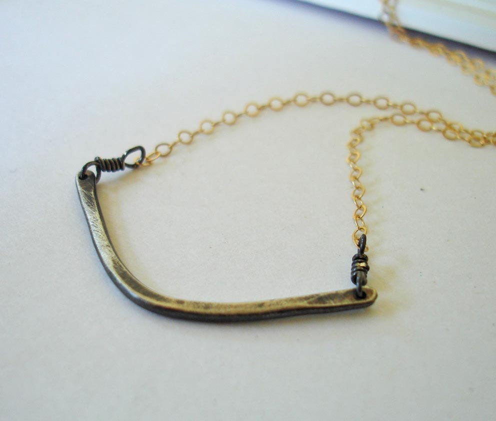 Tribal Chevron Arrow Simple Recycled Oxidized Silver Necklace FRE SHIPPING with 14K gold fill chain geometric everyday accessory