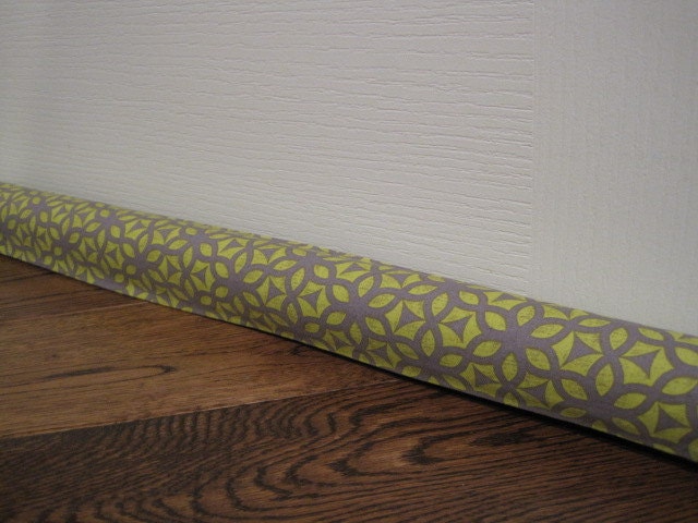 M O D E R N door draft stopper, draft snake, draft dodger, gray and yellow fabric.