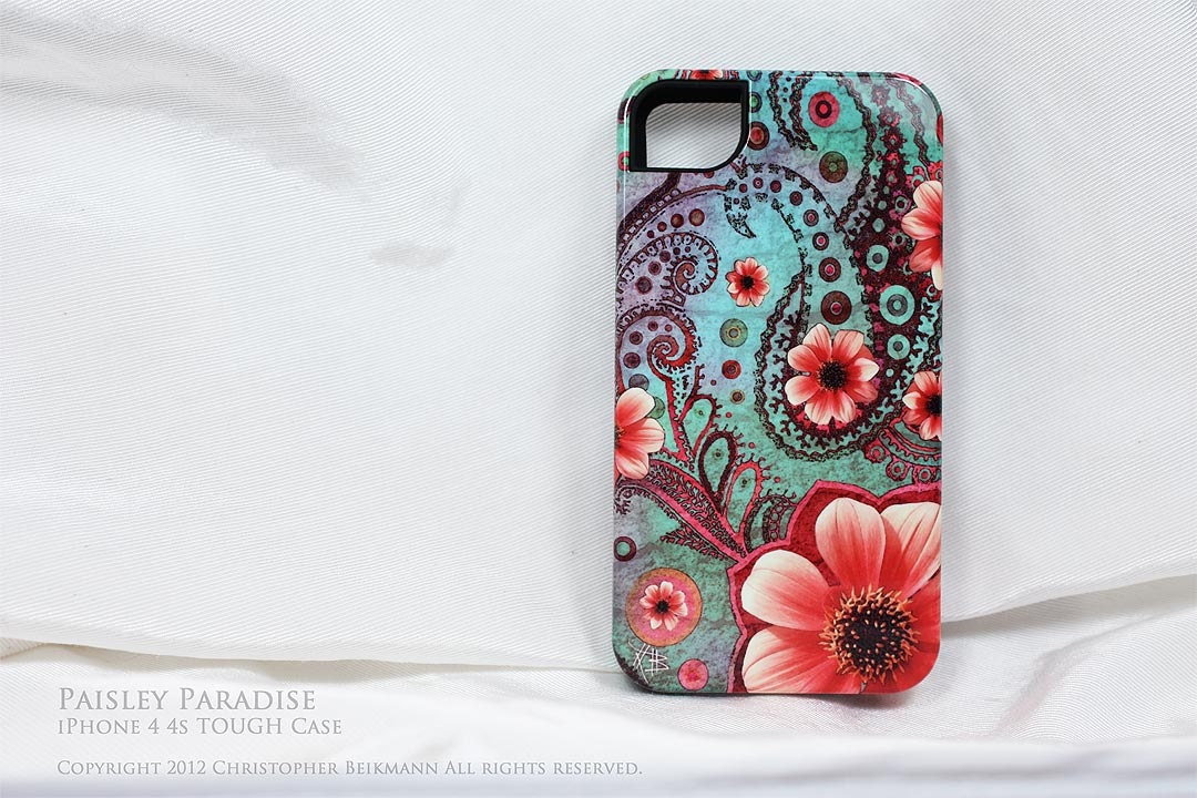 Paisley iPhone 4 case - iPhone 4s case - Paisley Paradise - teal green and orange paisley artwork - TOUGH iphone case
