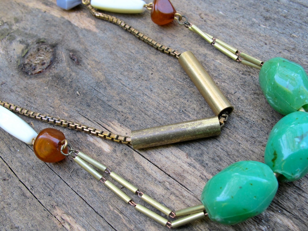 Layered Chain Necklace, Double Strand Vintage Lucite and Brass Tube Beads, Brass Chain, Geometric, Chevron, Beaded Bib Necklace