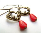 Vampire Fangs Earrings, Antiqued Brass & Red Czech Glass, Mouth, Teeth, and Blood, Halloween Jewelry, Dangle Earrings - Bitten