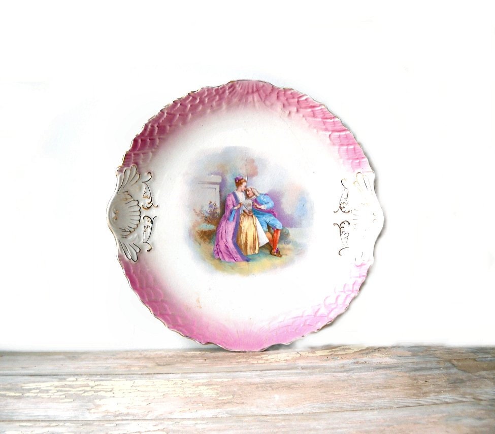 Antique Cake Plate Courting Couple Pink Shell Edge Double Handle