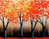 Landscape painting huge autumn mixed media gold tree art by Aja