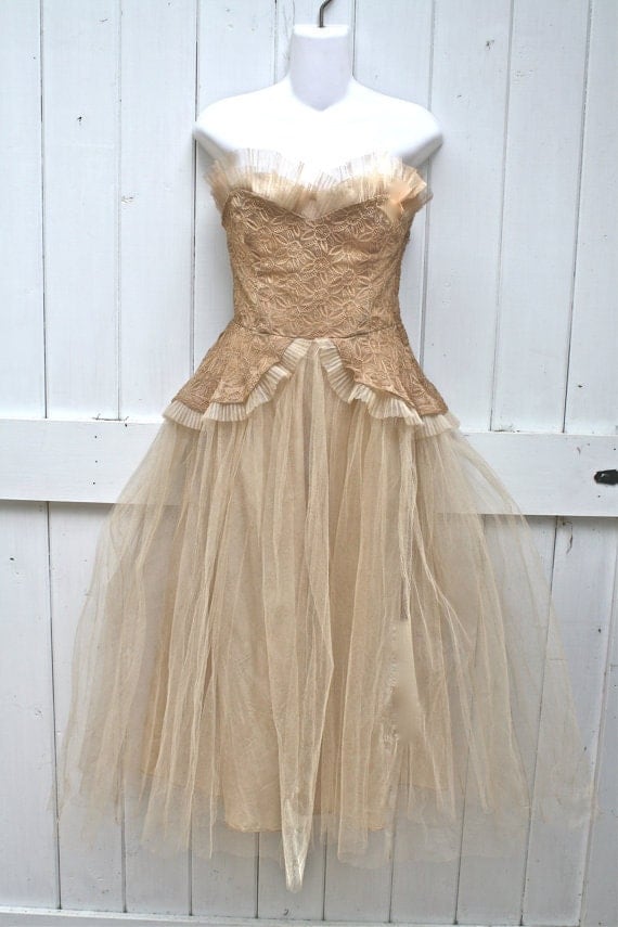 Stunning Vintage 1950 Tea Stained Wedding Dress