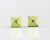 Lemon Yellow Patina Verdigris Geometric Pyramid Metal Stud Earrings. Surgical Steel Earrings Post. Gift for Her - ALJoyeria Lemon Yellow Patina Verdigris Geometric Pyramid Metal Stud Earrings. Surgical Steel Earrings Post. Gift for Her - ALJoyeria