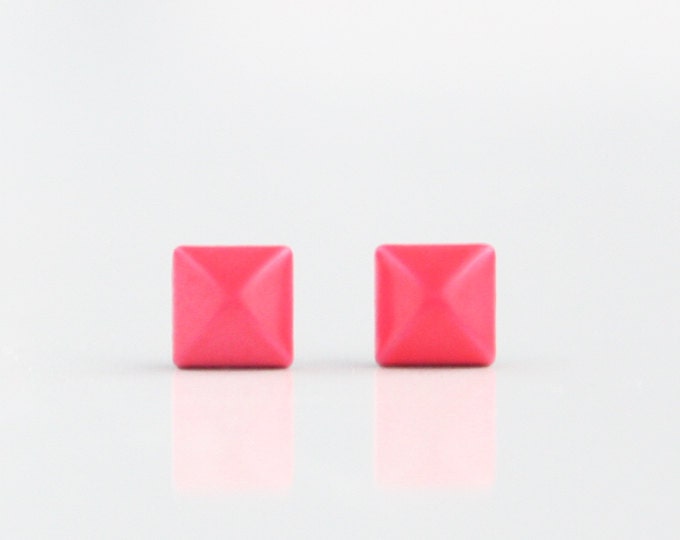 Neon Pink Geometric Pyramid Metal Stud Earrings. Surgical Steel Earrings Post. Gift for Her