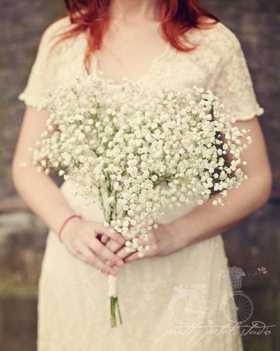 Couture Fine Art Photograph, Red Head Girl, Holding Baby's Breath Bouquet, Subtle Tones, Soft Hues, Abstract Art, 8x10 Print - PrettyPetalStudio