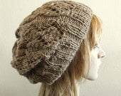 Lacy beret slouchy hat hand knit silk angora in taupe light brown knitted lux softest warm women beanie