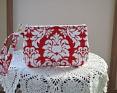Wristlet Zipper Gadget Purse Pouch in Red and White Damask