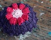 Linen  pincushion - crochet motif
