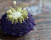Linen  pincushion - crochet motif