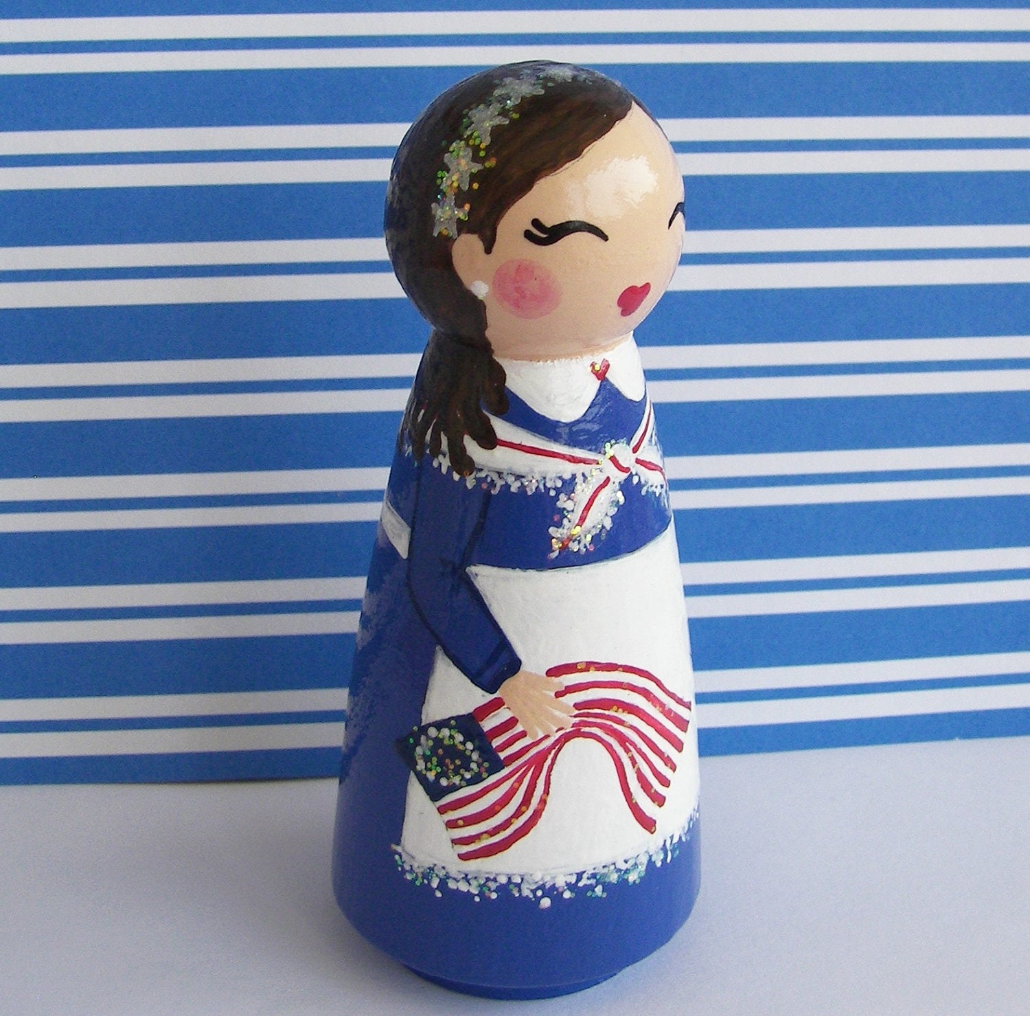 Hand Painted Love Boxes Betsy Ross Peg Doll Wood Stand Bunting
