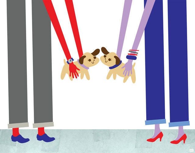 Couple of Pups (Cute Dog and People Illustration), 8X10 Art Print