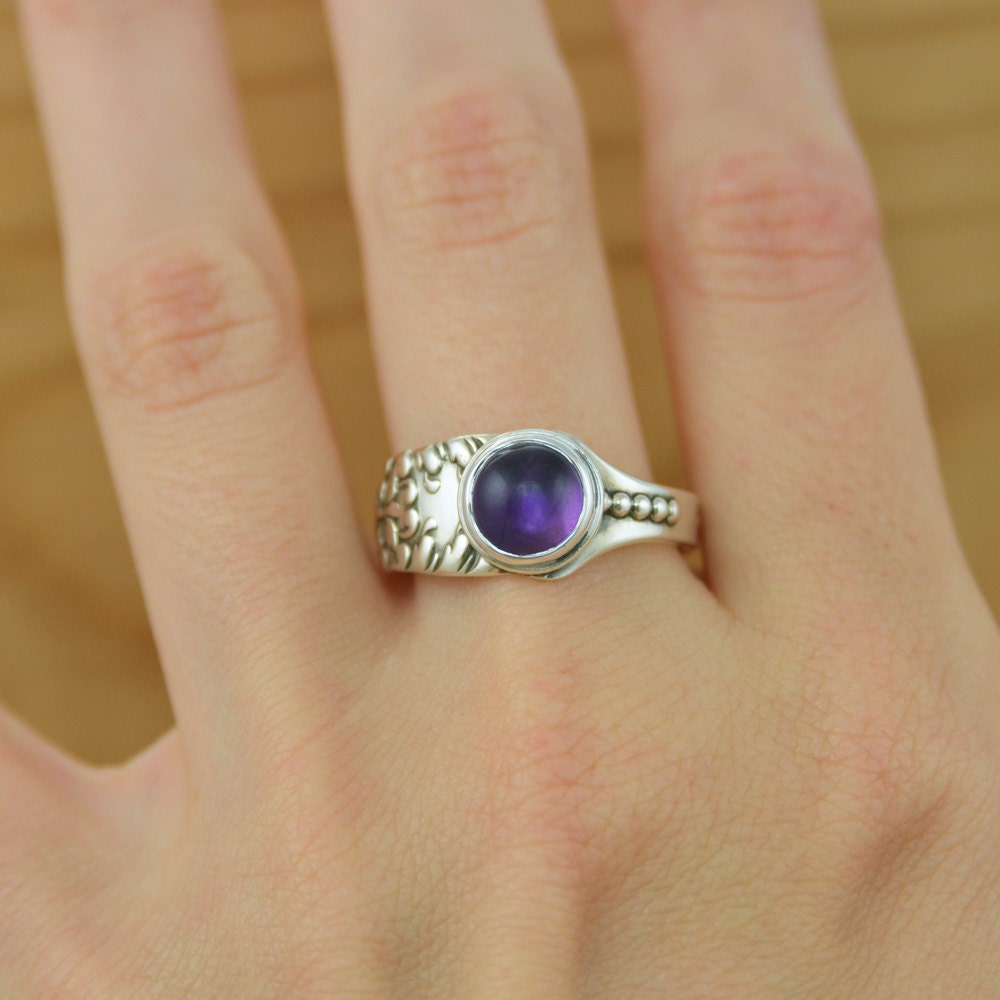 Spoon Ring with Amethyst and Green Man Face, Upcycled Sterling Silver, Size 9