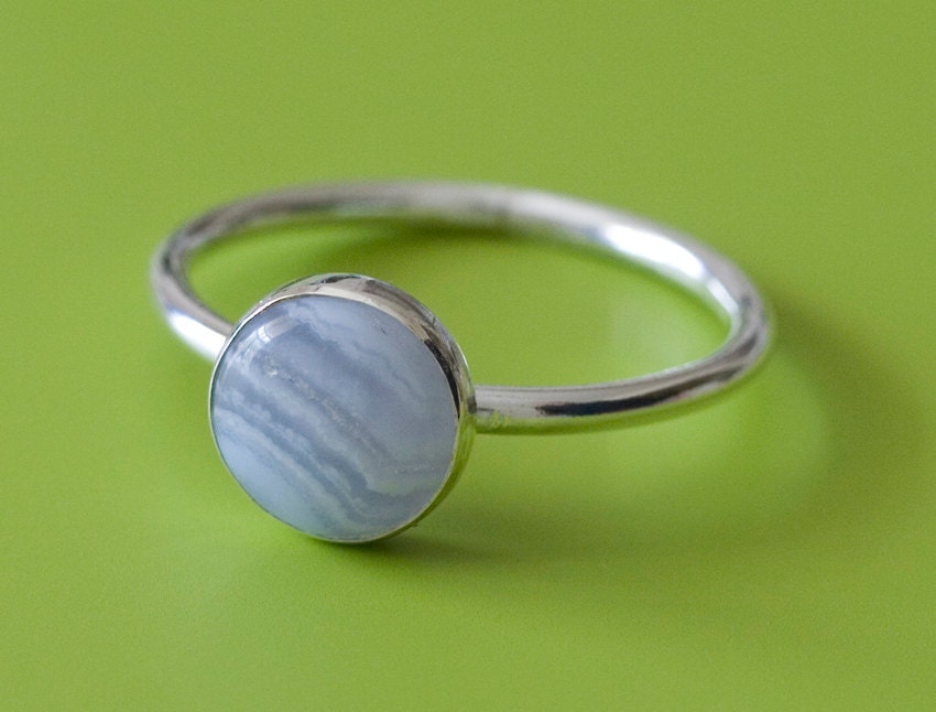 Round Blue Lace Agate Ring - Sterling Silver Gemstone - Size 2 to 15