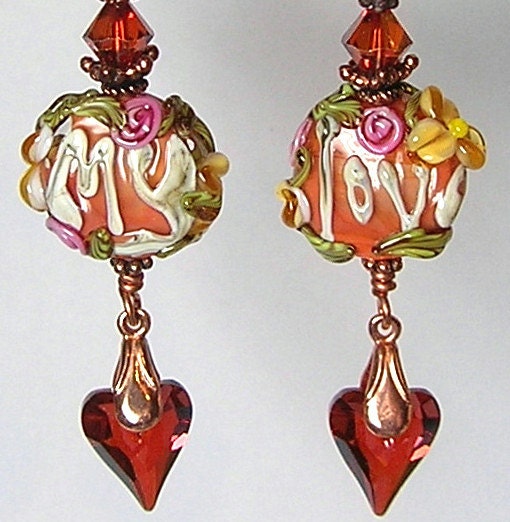 My LoVe Handcrafted Lampwork Glass and Swarovski Heart Earrings by Glitterbug Originals SRAJD