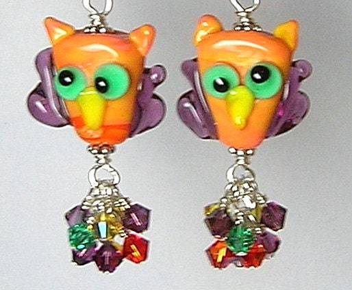 ORaNGe and PuRPLe Owls Handmade Lampwork Glass Earrings by Glitterbug Originals SRAJD