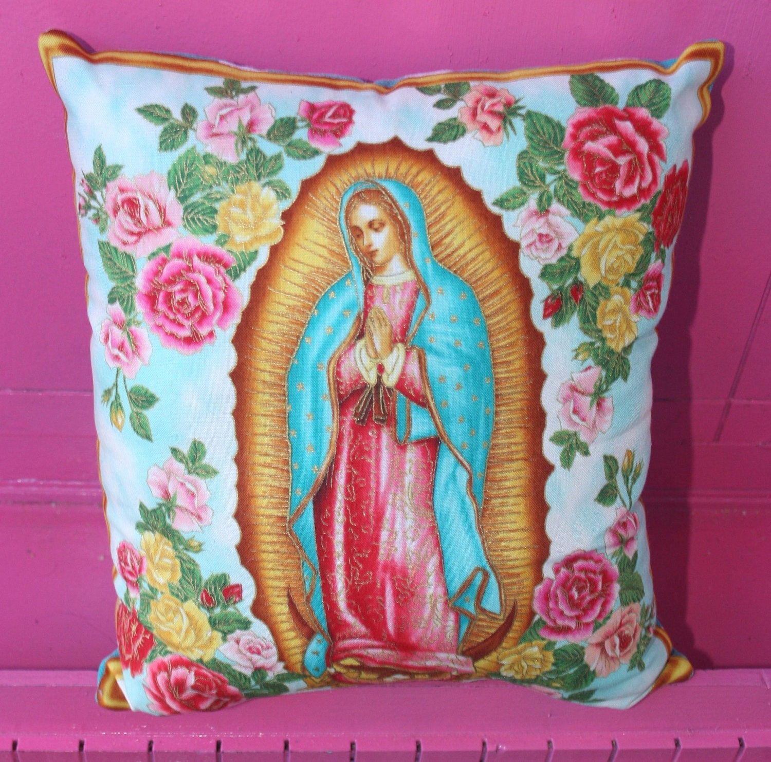 Virgen de Guadalupe VIRGIN MARY PILLOW  Aqua Dotted Back