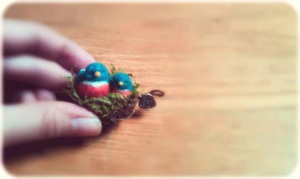 Mini Felted Bluebird Mama and Baby In Nest