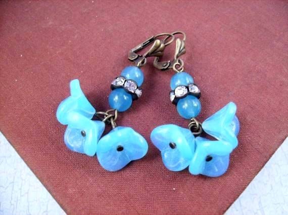 Flower Earrings, Aqua Ruffle Bouquet, Rhinestone and Brass Dangle Earrings, FREE Shipping U.S.