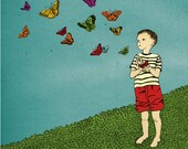 Children boy nursery Wall Art decor Print for kids illustration drawing - Boy releases butterflies