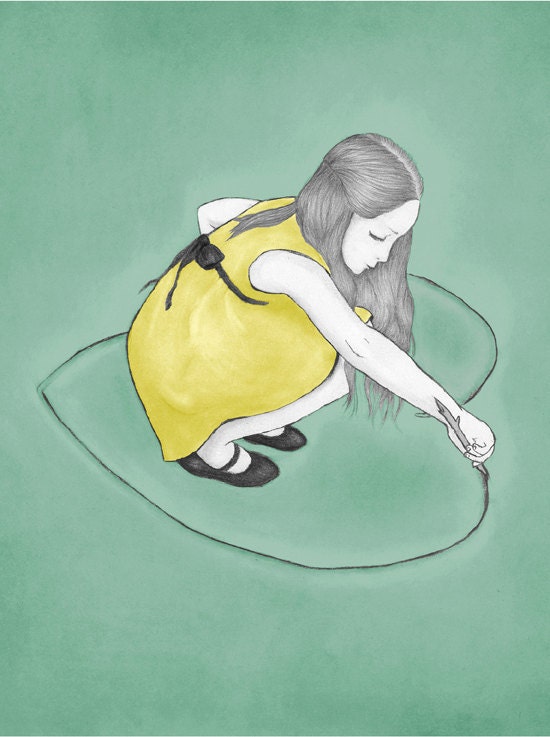 Complete - pencil drawing illustration art print gift ( girl drawing heart )